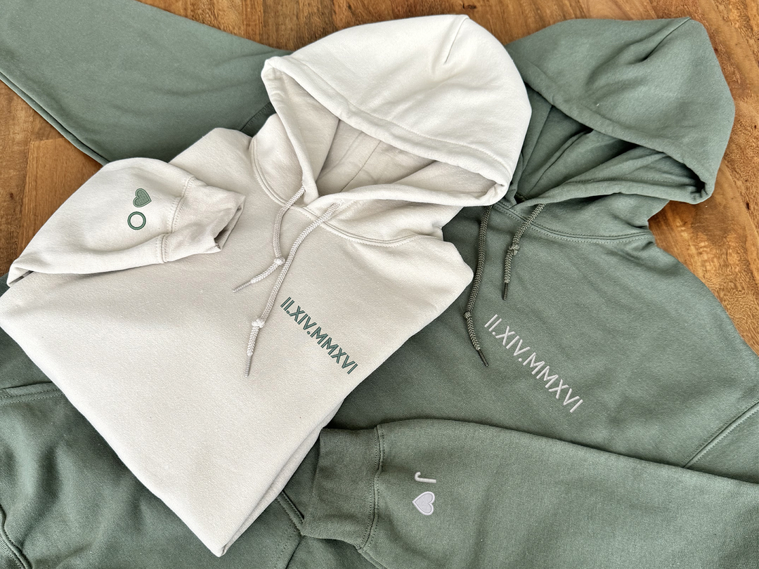 Matching hoodies with roman numeral wedding date