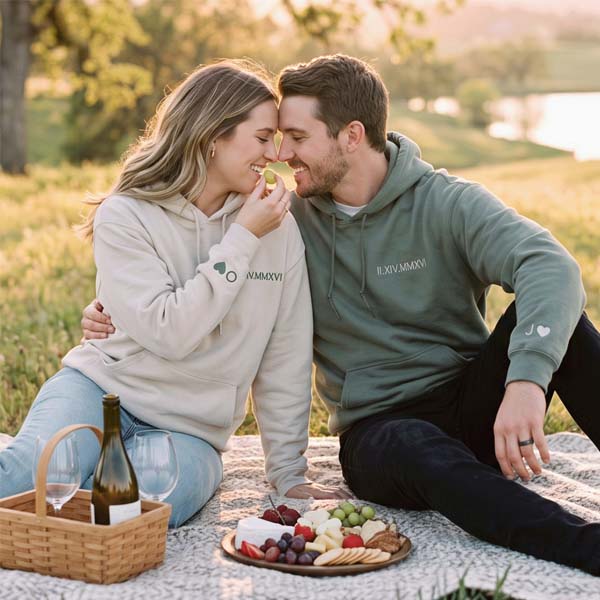 Matching hoodies with roman numeral wedding date