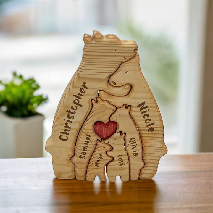 Personalized Wooden Bear Family Puzzle – Custom Engraved Name Keepsake