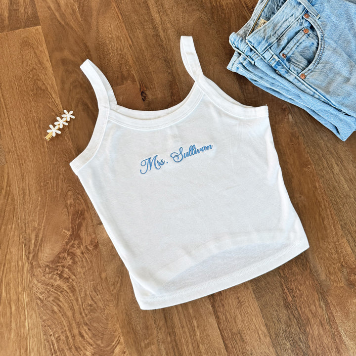 White personalized bridesmaid crop tank top in micro-rib cotton.
