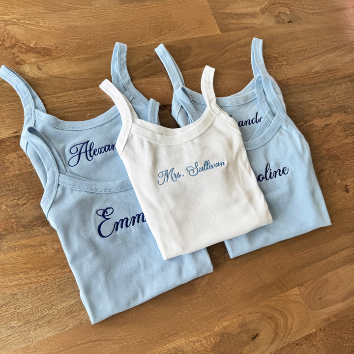 Bridal party tank tops with Bride and Bridesmaid embroidered in matching script