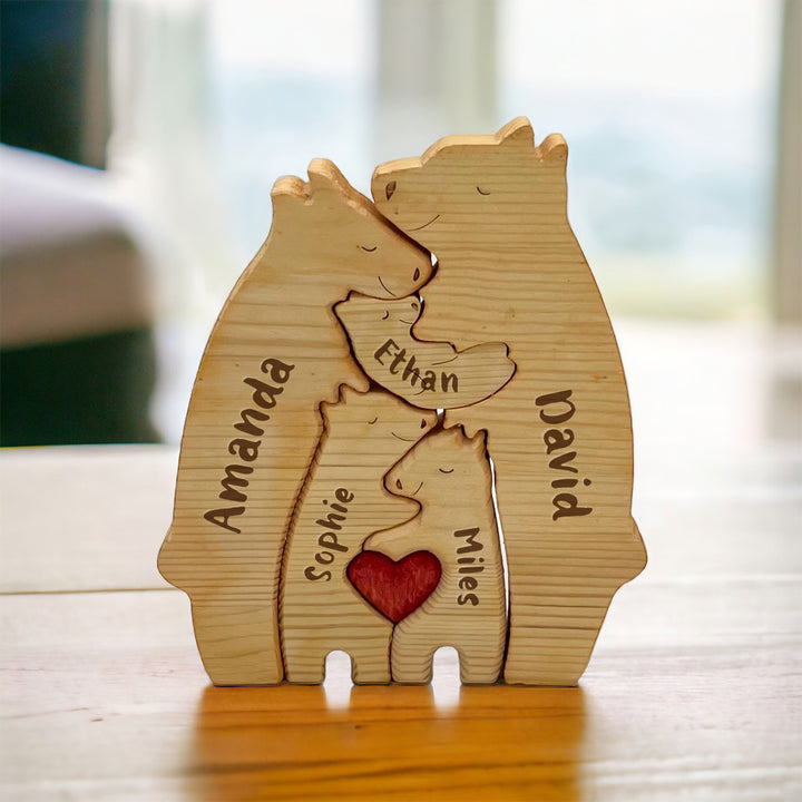 Personalized Wooden Bear Family Puzzle – Custom Engraved Name Keepsake