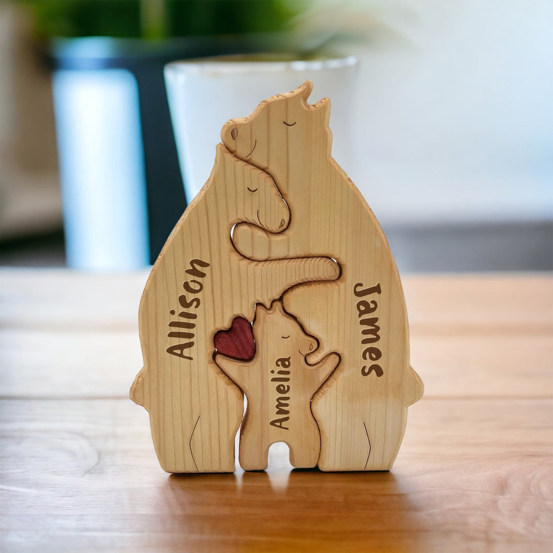 Personalized Wooden Bear Family Puzzle – Custom Engraved Name Keepsake