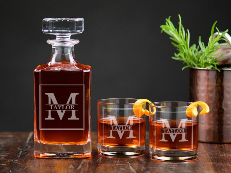 Whiskey decanter with monogram design engraved