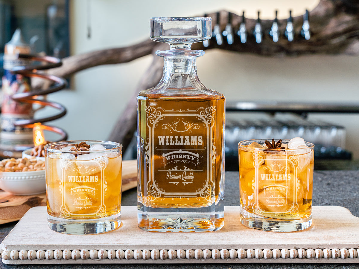 Personalized whiskey decanter with optional matching rocks glasses