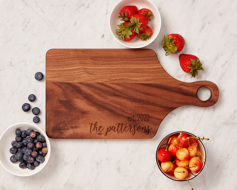 Walnut Laser Engraved Cutting Board with Handle and Your Choice of Design