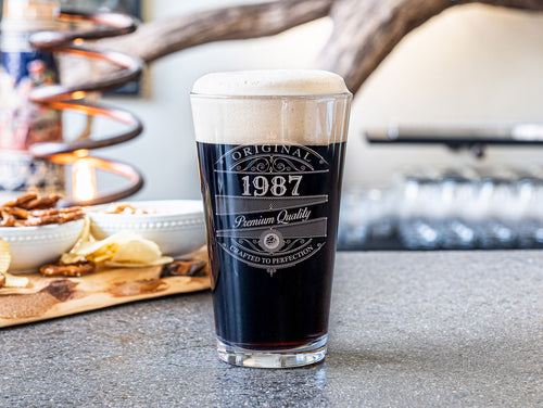 Pint glass with vintage year design laser engraved