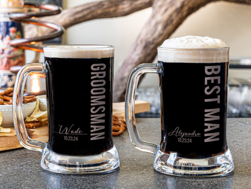 Groomsmen beer mugs, laser engraved with custom design